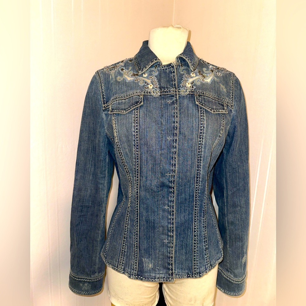 Elie Tahari Blue Embellished Denim Jacket Sz L (10-12)